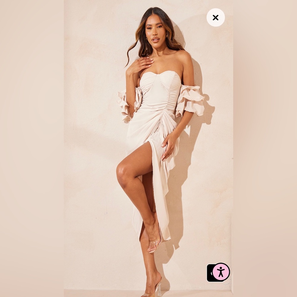 PrettyLittleThing Cream Frill Sleeve Draped Midi Dress